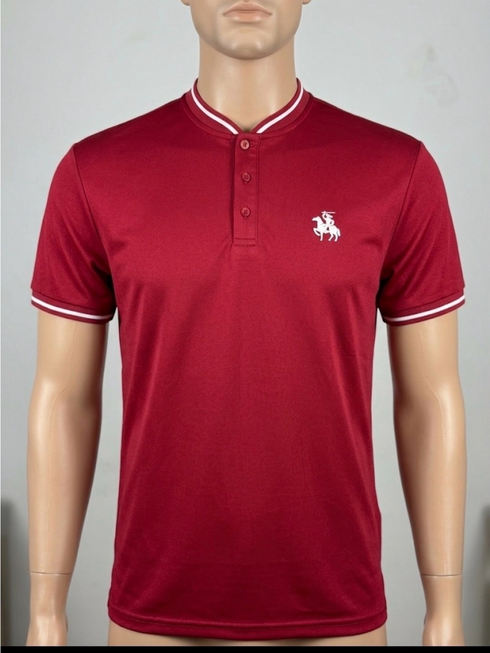 Men's Maroon Short-Sleeve Henley Polo Shirt with Contrast Trim